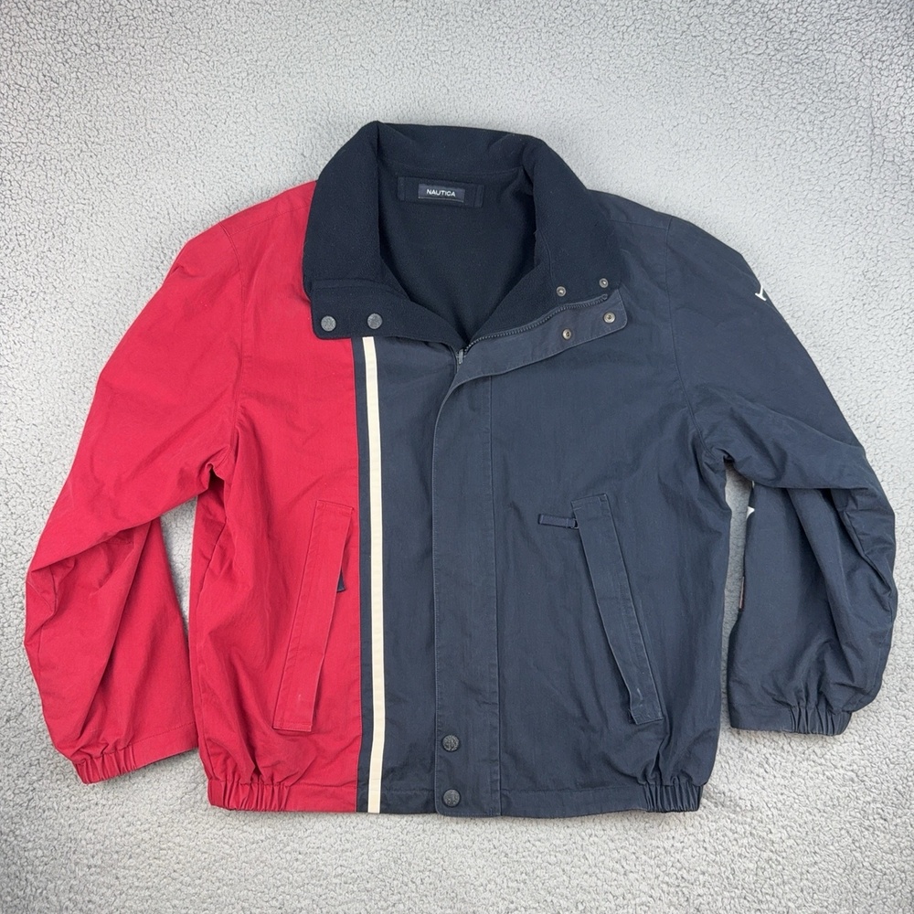 Nautica Jacket Mens XL Red Navy Reversible Fleece Lined Stripe Flag Logo
